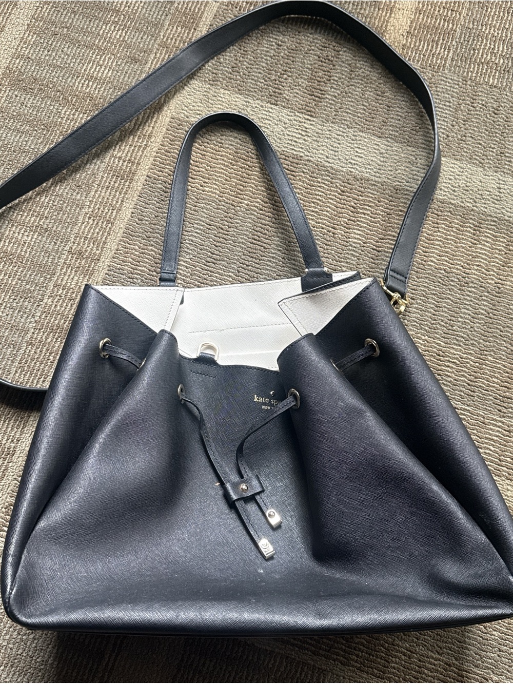 kate spade Black and White Leather Drawstring Tote Bag